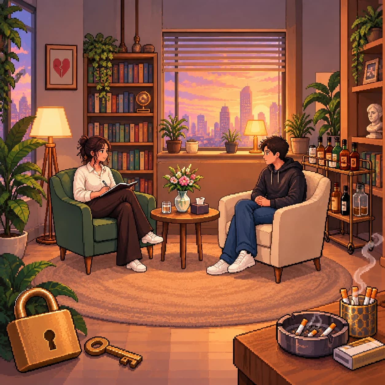 A cosy therapy room: Suramya in a green armchair talking with a client, with a bookshelf, a heartbreak painting, a clock, flowers, a bar cart, an ashtray and a padlock with its key.