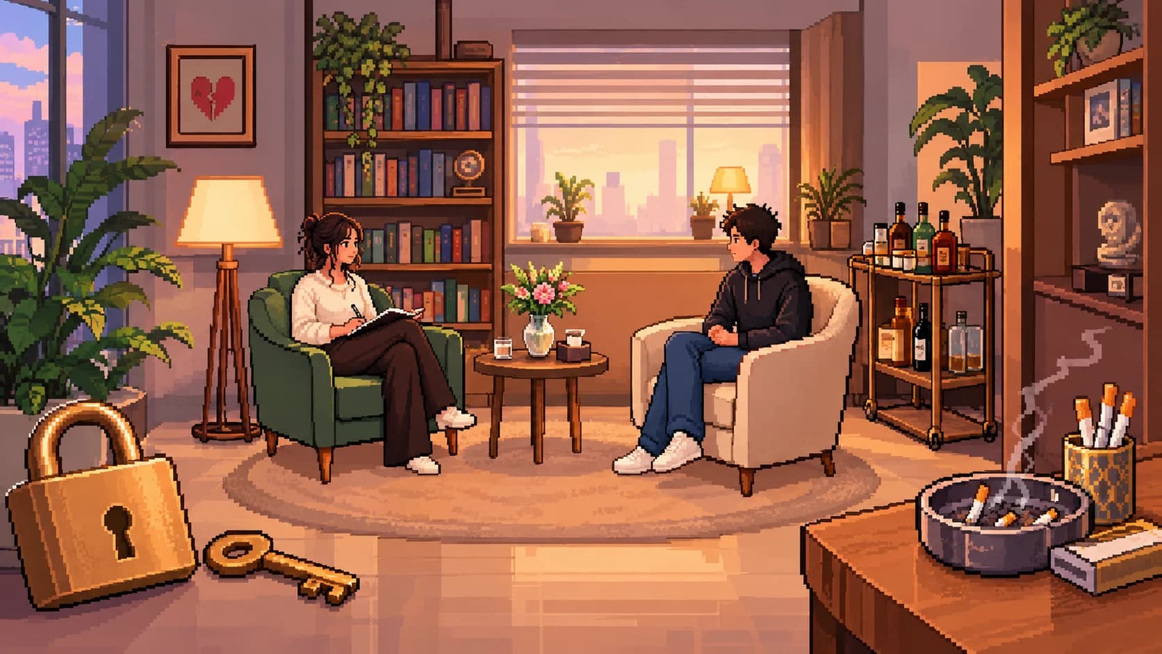 A cosy therapy room: Suramya in a green armchair talking with a client, with a bookshelf, a heartbreak painting, a clock, flowers, a bar cart, an ashtray and a padlock with its key.
